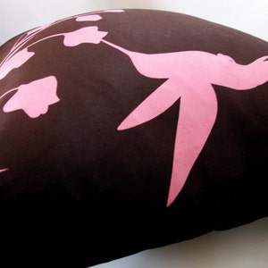 Limited Time Sale Rose Pink Print on Brown Silk Hummingbird with Eucalyptus 16 inches Square Pillow READY TO SHIP image 4