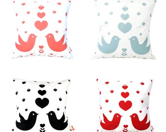 Love Birds Print on White Cotton Twill Pillow 13 Inches Square