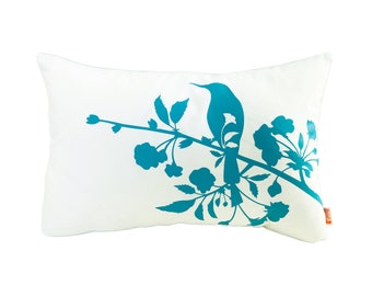 Teal Print on Off White Blooming Blossom Rectangle Pillow