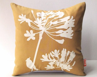 Golden Brown Cardinal on Agapanthus-Mini 10.5 Inches Square Pillow