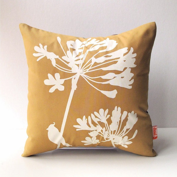 Golden Brown Cardinal on Agapanthus-Mini 10.5 Inches Square Pillow