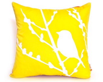 Yellow Bird on Cherry Blossom - Mini 10.5 Inches Square Pillow