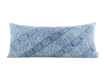 Vintage Blue Faded Indigo Batik Lumbar Pillow - 12"x 28" Rectangle Pillow - Boho Linen Decorative Pillow