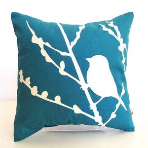 Teal Bird on Cherry Blossom Mini 10.5 Inches Square Pillow image 1