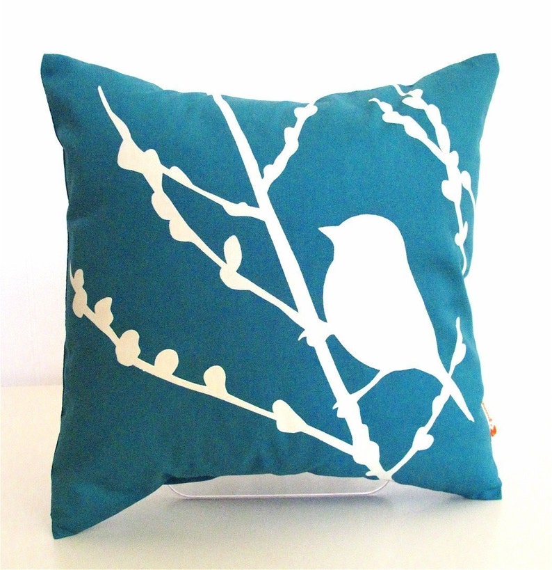 Teal Bird on Cherry Blossom Mini 10.5 Inches Square Pillow image 1