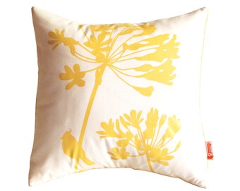 Yellow Print on Off-White Cardinal on Agapanthus-Mini 10.5 Inches Square Pillow