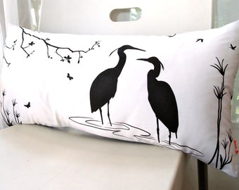 Black Print on Off White Egret Lovers in the Swamp Rectangle Pillow