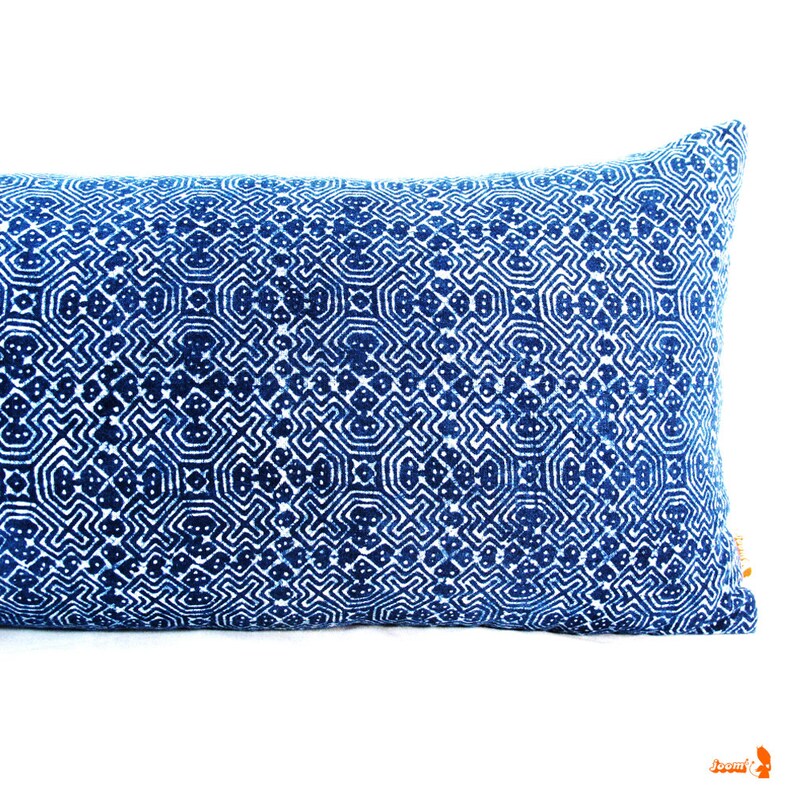 Blue Batik Indigo Hmong Textile Long Lumbar Zipper Long Lumbar Pillow Boho Linen Decorative Pillow image 4