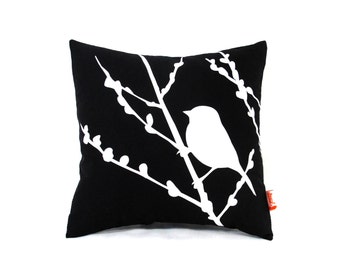 Black Bird on Cherry Blossom - Mini 10.5 Inches Square Pillow