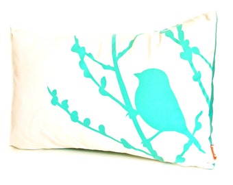 Aqua Blue Print on Off White Cotton Bird on Cherry Blossom Pillow