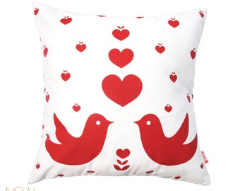 Red Print on White Love Birds Pillow 13 Inches Square