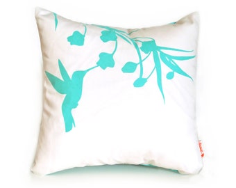 Mint Green Print on White Cotton Hummingbird with Eucalyptus - Mini 10.5 Inches Square Pillow