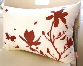 Limited Time Sale Red Print on Off White Cotton Magnolia and Butterflies Rectangle Pillow