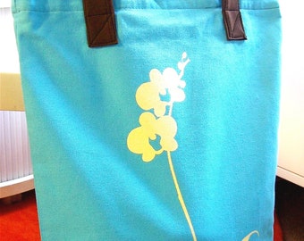 Borsa tote in tela color orchidea blu acqua: stampa floreale, cinturini in similpelle