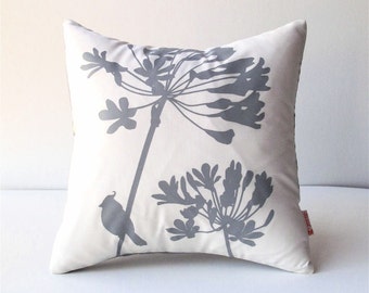 Grey Print on Off-White Cardinal on Agapanthus-Mini 10.5 Inches Square Pillow