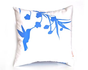 Royal Blue Print on White Cotton Hummingbird with Eucalyptus - Mini 10.5 Inches Square Pillow