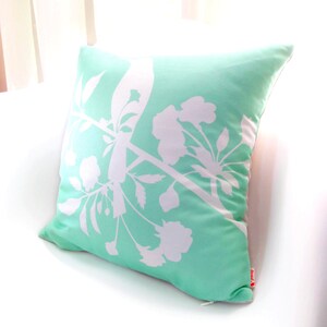 White  and Mint Green Blooming Blossom 16 inches Square Linen Pillow Cover
