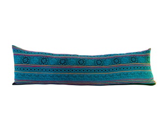 Teal Hmong Printed Hill Tribe Embroidered Long Lumbar Pillow - 14" x 48" Bohemian Linen Pillow.