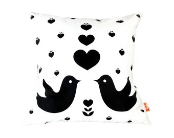 Black Print on White Love Birds Pillow 13 Inches Square