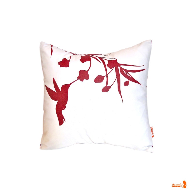 Red Print on White Cotton Hummingbird with Eucalyptus Mini 10.5 Inches Square Pillow image 1
