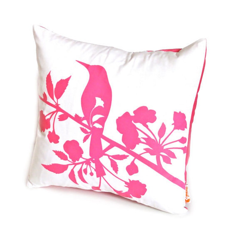 Hot Pink Print on Off white Blooming Blossom-Mini 10.5 Inches Square Pillow image 2