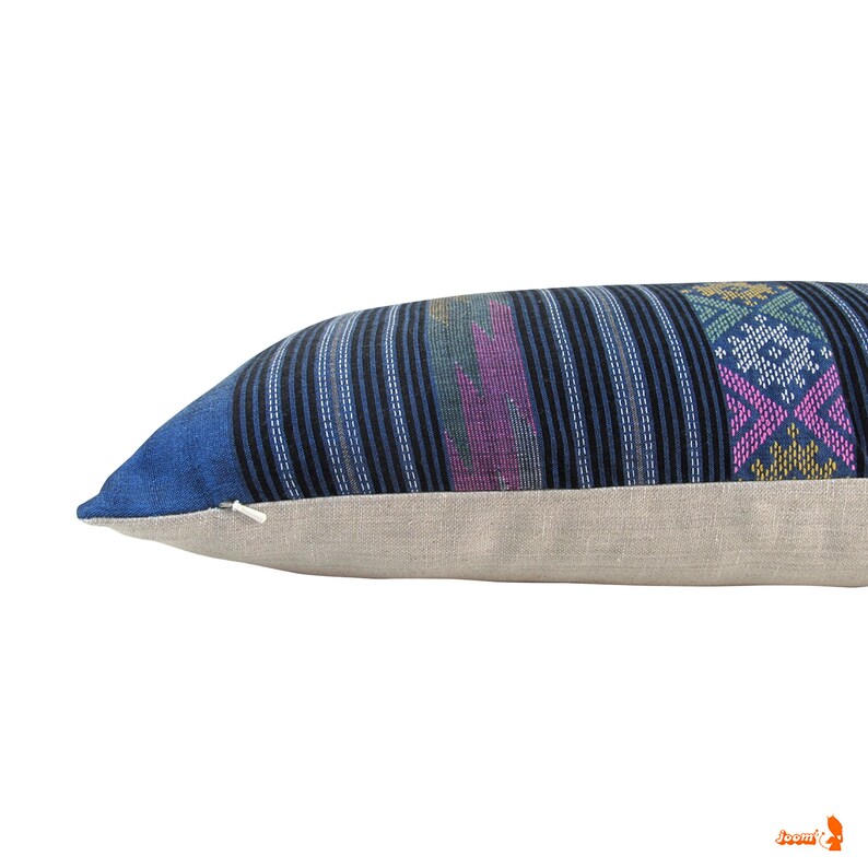 Prussian Blue Water Flow Pattern Hand Woven Textile Lumbar Pillow 12 x 30 Tapestry Weaving Boho Pillow. image 5