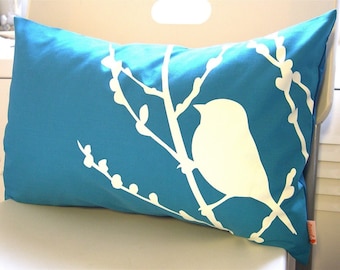 Teal Bird on Cherry Blossom Pillow