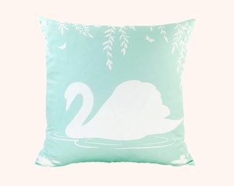 White and Pastel Light Blue Swan in the Swamp 18 inches Square Linen Pillow Cover