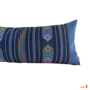 Prussian Blue Water Flow Pattern Hand Woven Textile Lumbar Pillow 12 x 30 Tapestry Weaving Boho Pillow. image 4