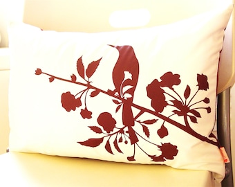 Burgundy Bird and Blossom Pillow: Red Silkscreened Cotton, 12x18