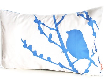 Limited Time Sale Royal Blue Print on Off-white Bird on Cherry Blossom Pillow