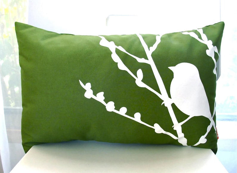 Grass Green Bird on Cherry Blossom Rectangle Pillow image 2