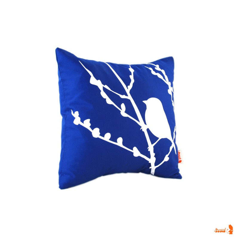 Cobalt Blue Bird on Cherry Blossom Mini 10.5 Inches Square Pillow image 4