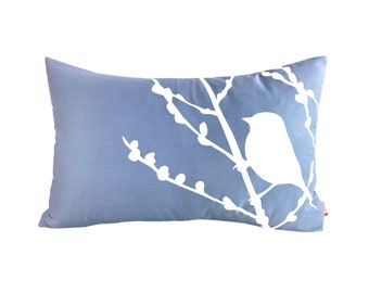 Slate Gray Bird on Cherry Blossom Pillow