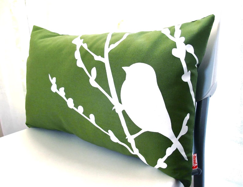 Grass Green Bird on Cherry Blossom Rectangle Pillow image 4