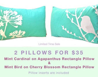 Limited Time Sale 2 Mint Green Bird Pillows for 35 US Dollars