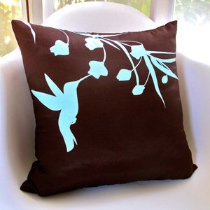 Limited Time Sale Robins Egg Blue Print on Brown Silk Hummingbird with Eucalyptus 16 inches Square Pillow READY TO SHIP image 1