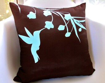 Limited Time Sale Robins Egg Blue Print on Brown Silk Hummingbird with Eucalyptus 16 inches Square Pillow READY TO SHIP
