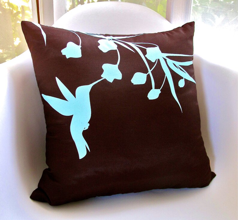 Limited Time Sale Robins Egg Blue Print on Brown Silk Hummingbird with Eucalyptus 16 inches Square Pillow READY TO SHIP image 1