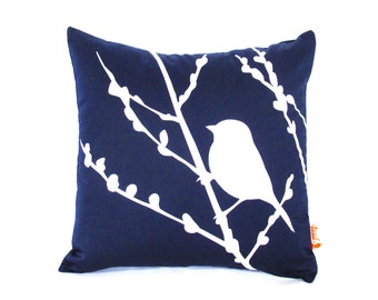 Navy Blue Bird on Cherry Blossom - Mini 10.5 Inches Square Pillow
