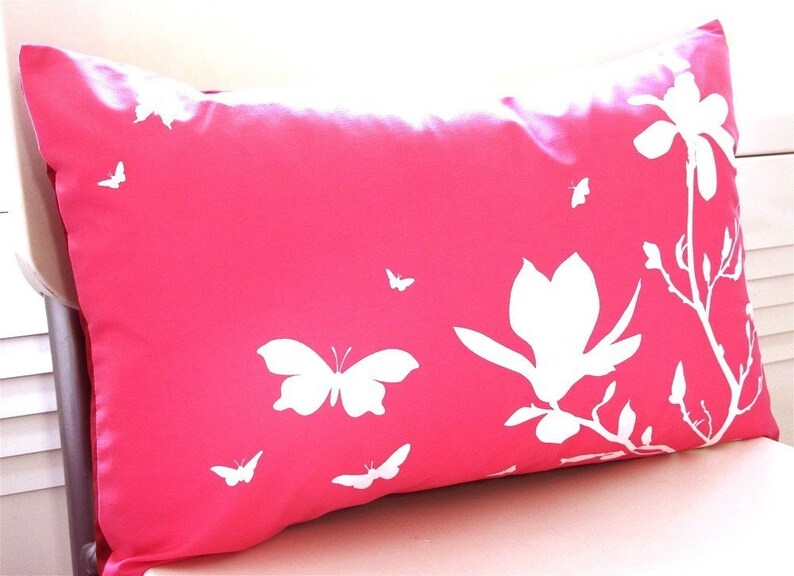 Limited Time Sale Hot Pink Magnolia and Butterflies Rectangle Pillow image 2