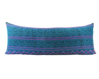 Teal Hmong Printed Hill Tribe Embroidered Long Lumbar Pillow - Bohemian Decorative Pillow.