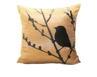 Brown Bird on Cherry Blossom  16 inches Square Pillow Cover