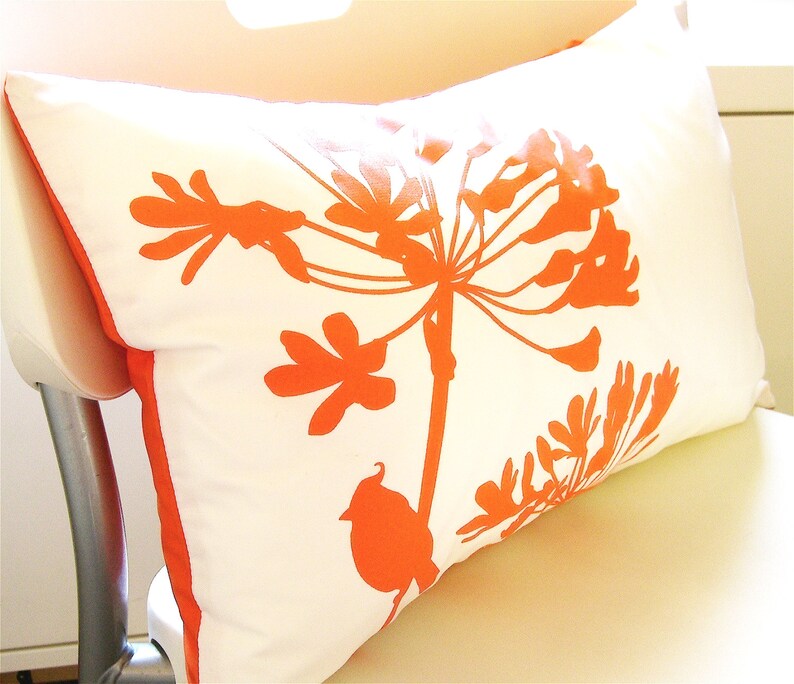 Orange Print on Off White Cardinal on Agapanthus Rectangle Pillow image 1