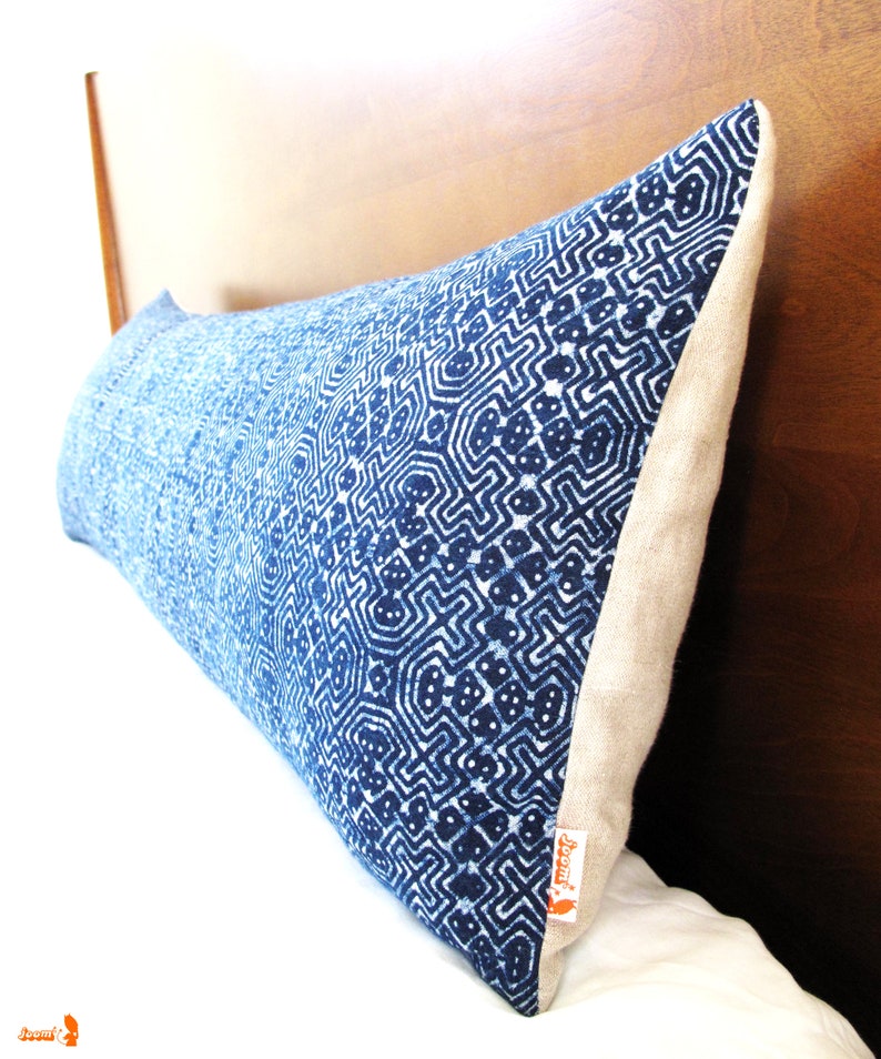 Blue Batik Indigo Hmong Textile Long Lumbar Zipper Long Lumbar Pillow Boho Linen Decorative Pillow image 6