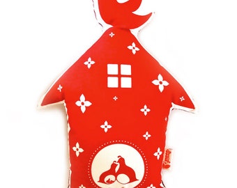 Red Print Birdhouse Plush Pillow