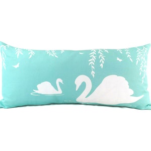 Bird Decor Pillow - Modern Decor - White and Robin Blue Swan in the Swamp Rectangle Linen Pillow