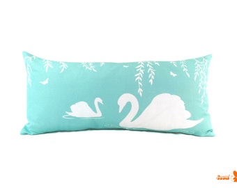 Swan Decor Lumbar Pillow: White and Robin Blue Linen Blend
