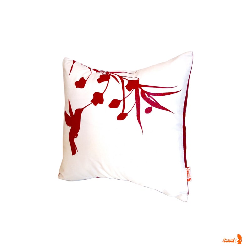 Red Print on White Cotton Hummingbird with Eucalyptus Mini 10.5 Inches Square Pillow image 3