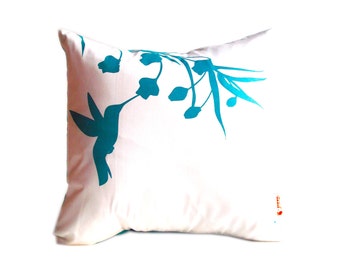 Teal Print on Off White Hummingbird with Eucalyptus Mini 10.5 Inches Square Pillow